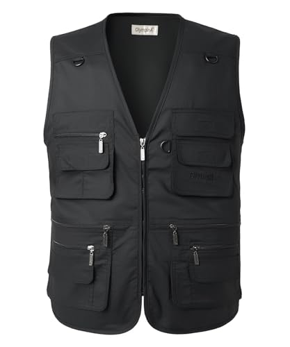 KTWOLEN Herren Outdoor Weste Leicht Atmungsaktiv Anglerweste mit Mehreren Taschen Freizeit Camping Jagd Fischen Fotografie Weste Ärmellos Angeljacke mit Reißverschluss, Schwarz, XXL von KTWOLEN