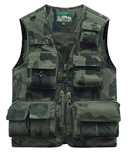 KTWOLEN Herren Anglerweste Sommer Leicht Schnelltrockenweste Funktionsweste Outdoor Fotografie Hundesport Weste Ärmellos Safari Weste mit Viele Taschen, Dunkle Tarnung, XXL von KTWOLEN