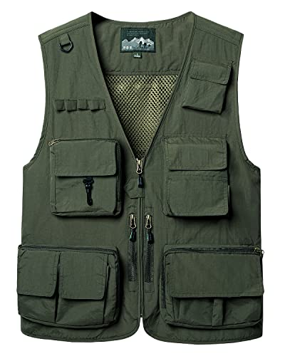 KTWOLEN Herren Outdoor Weste mit Mehreren Taschen Leicht Anglerweste Jagdfischen Outdoor Camping Fotografie Ärmellos Angeljacke, A-Army Grün, 3XL von KTWOLEN