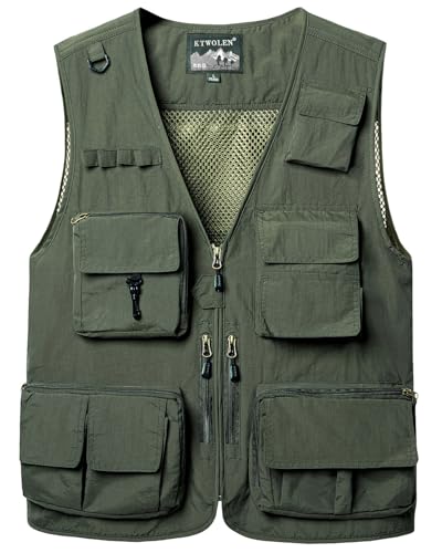 KTWOLEN Herren Anglerweste Sommer Leicht Schnelltrockenweste Funktionsweste Outdoor Fotografie Hundesport Weste Ärmellos Safari Weste mit Viele Taschen, Grün, 3XL von KTWOLEN