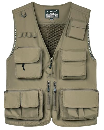 KTWOLEN Herren Anglerweste Sommer Leicht Schnelltrockenweste Funktionsweste Outdoor Fotografie Hundesport Weste Ärmellos Safari Weste mit Viele Taschen, Khaki, M von KTWOLEN