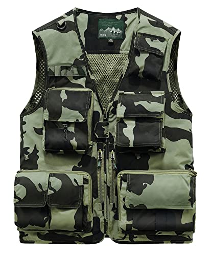 KTWOLEN Herren Anglerweste Sommer Leicht Schnelltrockenweste Funktionsweste Outdoor Fotografie Hundesport Weste Ärmellos Safari Weste mit Viele Taschen, Leichte Tarnung, XXL von KTWOLEN