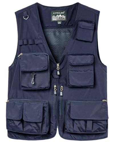 KTWOLEN Herren Anglerweste Sommer Leicht Schnelltrockenweste Funktionsweste Outdoor Fotografie Hundesport Weste Ärmellos Safari Weste mit Viele Taschen, Navy Blau, XXL von KTWOLEN