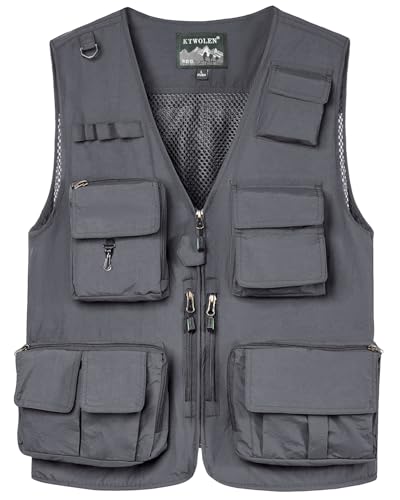 KTWOLEN Herren Anglerweste Sommer Leicht Schnelltrockenweste Funktionsweste Outdoor Fotografie Hundesport Weste Ärmellos Safari Weste mit Viele Taschen, Grau, 3XL von KTWOLEN