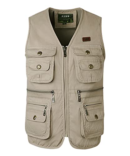 KTWOLEN Herren Angelweste Outdoor Jagdweste Fotografie Ärmellose Jacke Angelwesten Arbeitsweste Werkzeugweste Hundesport Weste mit Vielen Taschen, Beige, L von KTWOLEN
