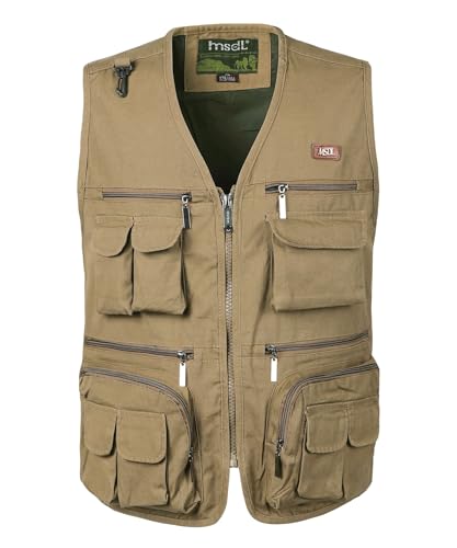 KTWOLEN Herren Outdoor Weste mit Multi-Taschened Anglerweste Jagd- und Angler Camping Wandern Weste Freizeit Ärmellos Jacke, C-Khaki, M von KTWOLEN