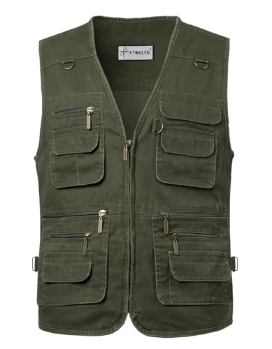 KTWOLEN Herren Outdoor Weste mit Multi-Taschened Anglerweste Jagd- und Angler Camping Wandern Weste Freizeit Ärmellos Jacke, Grün, M von KTWOLEN