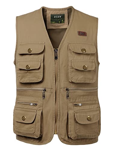 KTWOLEN Herren Angelweste Outdoor Jagdweste Fotografie Ärmellose Jacke Angelwesten Arbeitsweste Werkzeugweste Hundesport Weste mit Vielen Taschen, Khaki, XXL von KTWOLEN