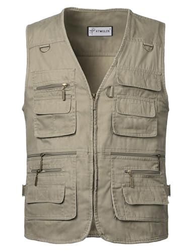KTWOLEN Herren Outdoor Weste mit Multi-Taschened Anglerweste Jagd- und Angler Camping Wandern Weste Freizeit Ärmellos Jacke, Khaki, S von KTWOLEN