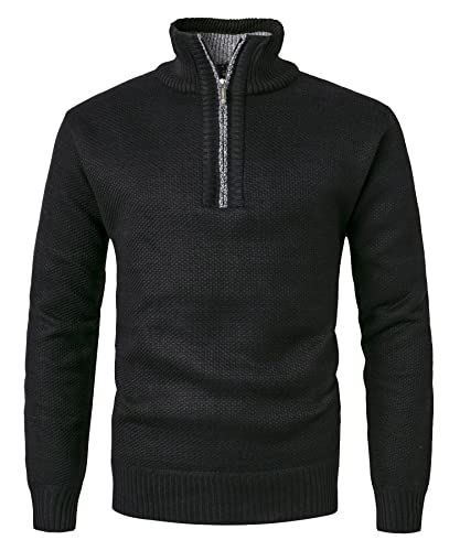 KTWOLEN Herren Pullover Fleece Gefüttert Langarm Strickpullover mit Stehkragen Winterpullover Fleecepullover Feinstrick Sweat Sweatshirt Pullover mit Reißverschluss, Schwarz, L von KTWOLEN