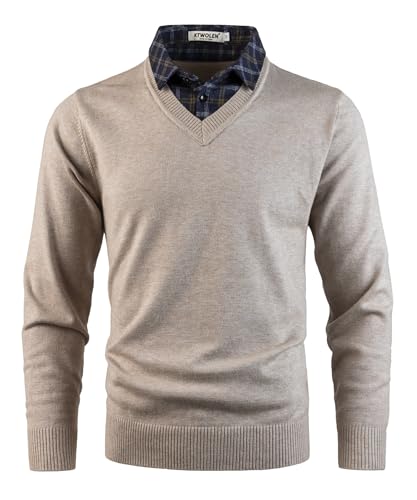 KTWOLEN Herren Pullover mit Hemdkragen 2 in 1 Winter Warm Strickpullover mit V-Ausschnitt Freizeit Mock Hemd Feinstrick Pullover Winterpullover Strick-Pulli Langarmshirt, Beige, XL von KTWOLEN