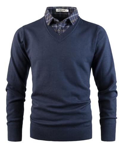KTWOLEN Herren Pullover mit Hemdkragen 2 in 1 Winter Warm Strickpullover mit V-Ausschnitt Freizeit Mock Hemd Feinstrick Pullover Winterpullover Strick-Pulli Langarmshirt, Navy Blau, XXL von KTWOLEN