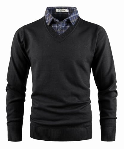 KTWOLEN Herren Pullover mit Hemdkragen 2 in 1 Winter Warm Strickpullover mit V-Ausschnitt Freizeit Mock Hemd Feinstrick Pullover Winterpullover Strick-Pulli Langarmshirt, Schwarz, XXL von KTWOLEN