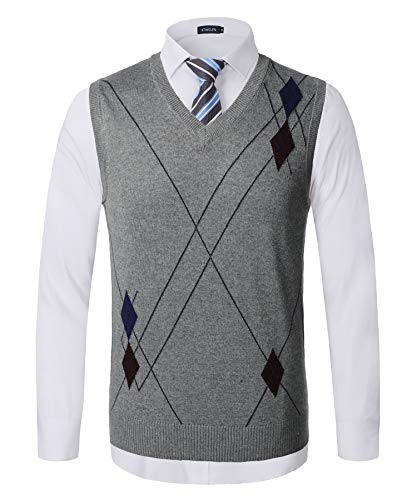 KTWOLEN Herren Pullunder V-Ausschnitt Kariert Pullover Weste Slim Fit Strickweste Winter Wollweste Freizeit Business Ärmellose Strickpullover, A-grau, XL von KTWOLEN