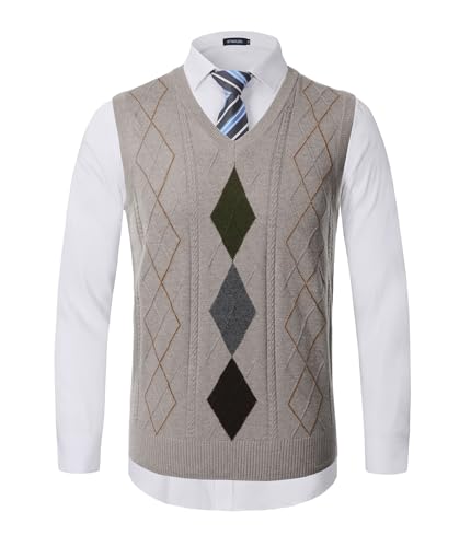KTWOLEN Herren Pullunder V-Ausschnitt Kariert Pullover Weste Slim Fit Strickweste Winter Wollweste Freizeit Business Ärmellose Strickpullover, B-Khaki, M von KTWOLEN