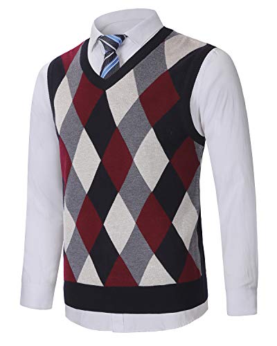 KTWOLEN Herren Pullunder V-Ausschnitt Kariert Pullover Weste Slim Fit Strickweste Winter Wollweste Freizeit Business Ärmellose Strickpullover, C-Rot, L von KTWOLEN