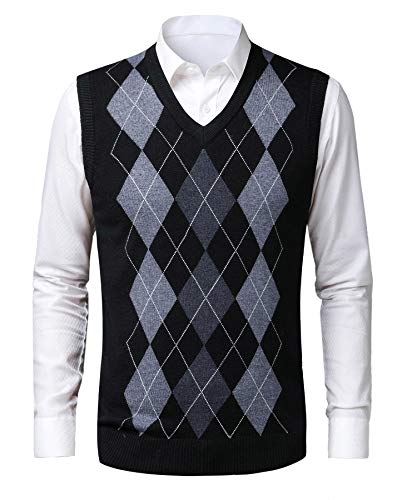 KTWOLEN Herren Pullunder V-Ausschnitt Kariert Pullover Weste Slim Fit Strickweste Winter Wollweste Freizeit Business Ärmellose Strickpullover, D-schwarz, L von KTWOLEN