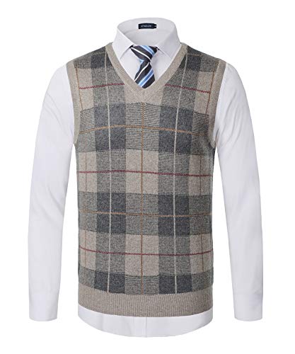 KTWOLEN Herren Pullunder V-Ausschnitt Kariert Pullover Weste Slim Fit Strickweste Winter Wollweste Freizeit Business Ärmellose Strickpullover, F-Khaki, L von KTWOLEN