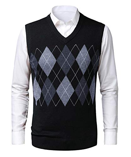 KTWOLEN Herren Pullunder V-Ausschnitt Kariert Pullover Weste Slim Fit Strickweste Winter Wollweste Freizeit Business Ärmellose Strickpullover, G-schwarz, XL von KTWOLEN