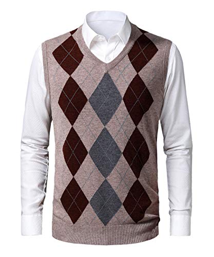 KTWOLEN Herren Pullunder V-Ausschnitt Kariert Pullover Weste Slim Fit Strickweste Winter Wollweste Freizeit Business Ärmellose Strickpullover, H-Khaki, M von KTWOLEN