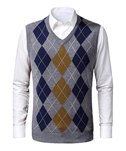 KTWOLEN Herren Pullunder V-Ausschnitt Kariert Pullover Weste Slim Fit Strickweste Winter Wollweste Freizeit Business Ärmellose Strickpullover, H-grau, M von KTWOLEN