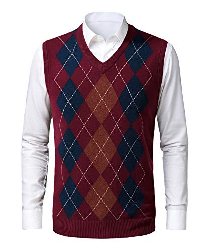 KTWOLEN Herren Pullunder V-Ausschnitt Kariert Pullover Weste Slim Fit Strickweste Winter Wollweste Freizeit Business Ärmellose Strickpullover, H-weinrot, XS von KTWOLEN