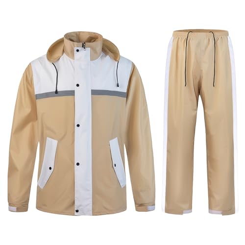KTWOLEN Herren Regenanzug Wasserdicht Regenjacke Reflektierend Fahrrad Regenbekleidung Regenjacke und Hose Set Regenkombi Wasserdichter Anzug, Khaki, L von KTWOLEN