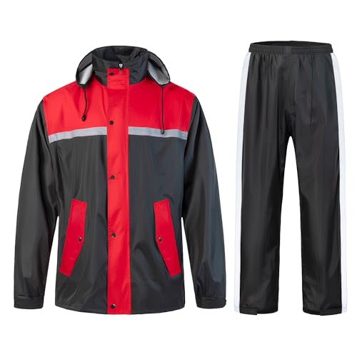 KTWOLEN Herren Regenanzug Wasserdicht Regenjacke Reflektierend Fahrrad Regenbekleidung Regenjacke und Hose Set Regenkombi Wasserdichter Anzug, Rot, L von KTWOLEN