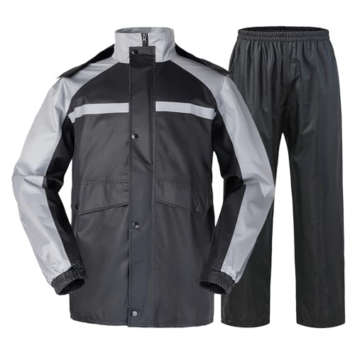 KTWOLEN Herren Regenanzug Wasserdichter Reflektierender Regenmantel mit Hose 2 Stück Regenbekleidung Outdoor Winddicht Regenjacke mit Kapuze, Grau, XL von KTWOLEN