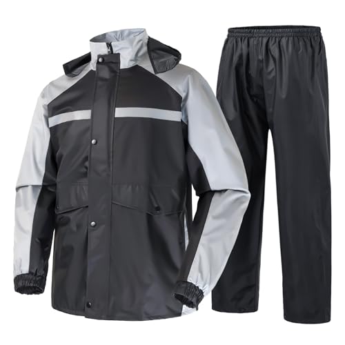 KTWOLEN Herren Regenanzug Wasserdichter Reflektierender Regenmantel mit Hose 2 Stück Regenbekleidung Outdoor Winddicht Regenjacke mit Kapuze, Grau, XXL von KTWOLEN