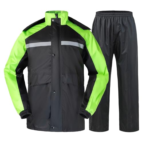 KTWOLEN Herren Regenanzug Wasserdichter Reflektierender Regenmantel mit Hose 2 Stück Regenbekleidung Outdoor Winddicht Regenjacke mit Kapuze, Grün, XL von KTWOLEN