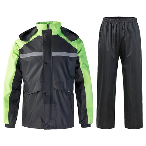 KTWOLEN Herren Regenanzug Wasserdichter Reflektierender Regenmantel mit Hose 2 Stück Regenbekleidung Outdoor Winddicht Regenjacke mit Kapuze, Grün, XXL von KTWOLEN