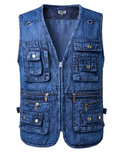 KTWOLEN Herren Retro Jeans Weste Motorrad Weste Vintage Kutte Jeansweste Ärmellos Jeans Jacke Denim Weste mit Vielen Taschen, Dunkelblau, 4XL von KTWOLEN