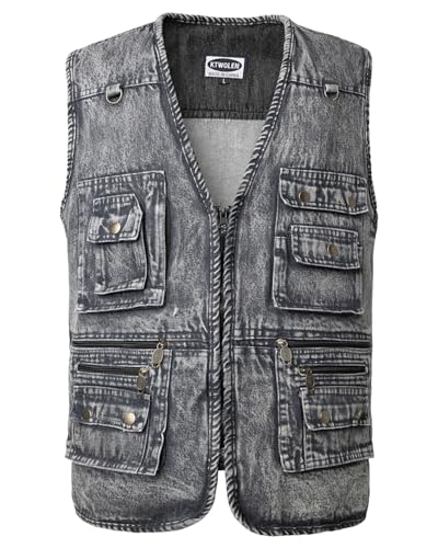 KTWOLEN Herren Retro Jeans Weste Motorrad Weste Vintage Kutte Jeansweste Ärmellos Jeans Jacke Denim Weste mit Vielen Taschen, Holzkohle, M von KTWOLEN