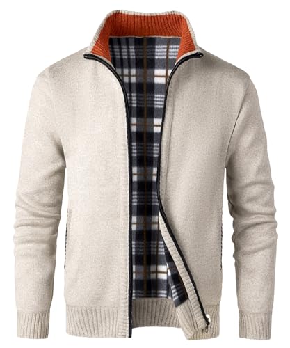 KTWOLEN Herren Strickjacke Cardigan Feinstrick Mit Stehkragen Und Reißverschluss Fleece-gefüttert Wintermantel Sweatjacke Langarm Winterjacke, C-Beige, M von KTWOLEN