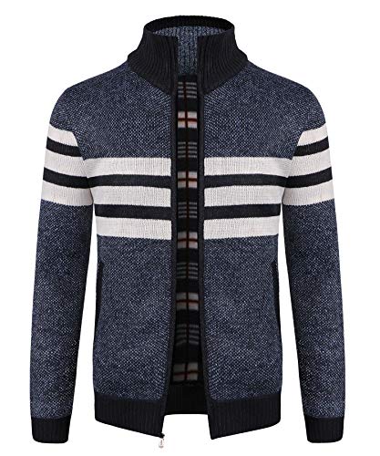 KTWOLEN Herren Strickjacke Cardigan Feinstrick Mit Stehkragen Und Reißverschluss Fleece-gefüttert Wintermantel Sweatjacke Langarm Winterjacke, Streifen_Blau, L von KTWOLEN