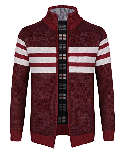 KTWOLEN Herren Strickjacke Cardigan Feinstrick Mit Stehkragen Und Reißverschluss Fleece-gefüttert Wintermantel Sweatjacke Langarm Winterjacke, Streifen_Rot, L von KTWOLEN