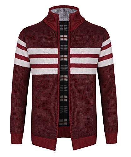 KTWOLEN Herren Strickjacke Cardigan Feinstrick Mit Stehkragen Und Reißverschluss Fleece-gefüttert Wintermantel Sweatjacke Langarm Winterjacke, Streifen_Rot, S von KTWOLEN