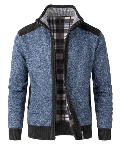 KTWOLEN Herren Strickjacke Cardigan Feinstrick Mit Stehkragen Und Reißverschluss Fleece-gefüttert Wintermantel Sweatjacke Langarm Winterjacke, A-Blau, L von KTWOLEN