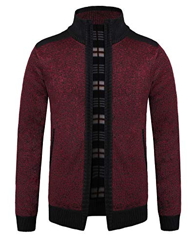 KTWOLEN Herren Strickjacke Cardigan Feinstrick Mit Stehkragen Und Reißverschluss Fleece-gefüttert Wintermantel Sweatjacke Langarm Winterjacke, A-Rot, L von KTWOLEN