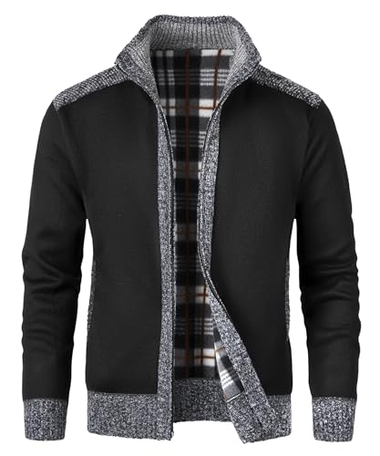 KTWOLEN Herren Strickjacke Cardigan Feinstrick Mit Stehkragen Und Reißverschluss Fleece-gefüttert Wintermantel Sweatjacke Langarm Winterjacke, A-Schwarz, M von KTWOLEN