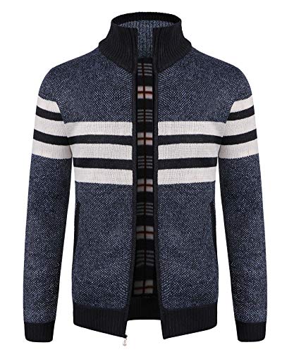 KTWOLEN Herren Strickjacke Cardigan Feinstrick Mit Stehkragen Und Reißverschluss Fleece-gefüttert Wintermantel Sweatjacke Langarm Winterjacke, Streifen_Blau, S von KTWOLEN