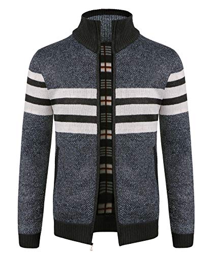 KTWOLEN Herren Strickjacke Cardigan Feinstrick Mit Stehkragen Und Reißverschluss Fleece-gefüttert Wintermantel Sweatjacke Langarm Winterjacke, Streifen_Grau, M von KTWOLEN