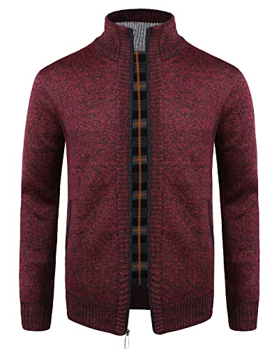 KTWOLEN Herren Strickjacke Cardigan Feinstrick Mit Stehkragen Und Reißverschluss Fleece-gefüttert Wintermantel Sweatjacke Langarm Winterjacke, C-Rot, M von KTWOLEN