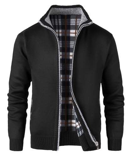 KTWOLEN Herren Strickjacke Cardigan Feinstrick Mit Stehkragen Und Reißverschluss Fleece-gefüttert Wintermantel Sweatjacke Langarm Winterjacke, C-Schwarz, S von KTWOLEN