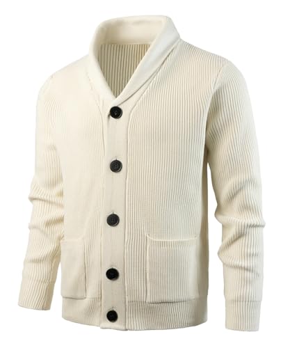 KTWOLEN Herren Strickjacke Cardigan Schalkragen Grobstrick Langarm Übergangsjacke Freizeitjacke Strickjacken Sweat-Jacke Winter Cardigans mit Knopfverschluss, Beige, M von KTWOLEN