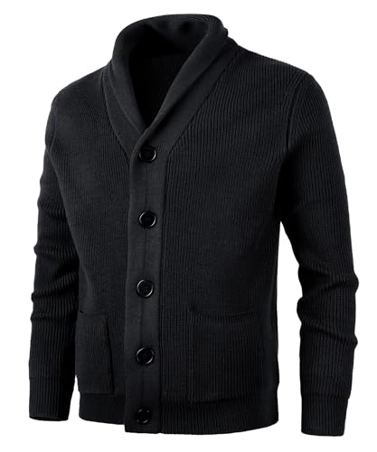 KTWOLEN Herren Strickjacke Cardigan Schalkragen Grobstrick Langarm Übergangsjacke Freizeitjacke Strickjacken Sweat-Jacke Winter Cardigans mit Knopfverschluss, Schwarz, L von KTWOLEN