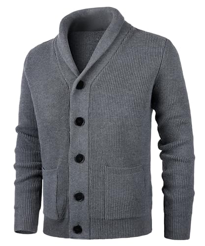 KTWOLEN Herren Strickjacke Cardigan Schalkragen Grobstrick Langarm Übergangsjacke Freizeitjacke Strickjacken Sweat-Jacke Winter Cardigans mit Knopfverschluss, Holzkohle, XXL von KTWOLEN