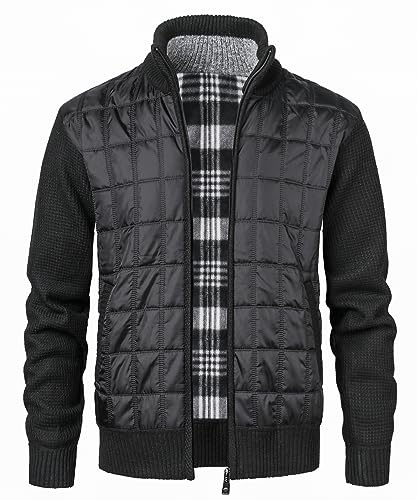 KTWOLEN Herren Strickjacke Cardigan Winterjacke Puffer Jacke Feinstrick Fleecejacke für Männer Steppjacke Langarm Sweatjacke mit Reißverschluss, Schwarz, M von KTWOLEN