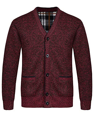 KTWOLEN Herren Strickjacke V Ausschnitt Fleecejacke Wintermantel Sweatjacke Cardigan Trachtenjacke Warme Winterjacke mit Knopfverschluss und Taschen, Rot, L von KTWOLEN